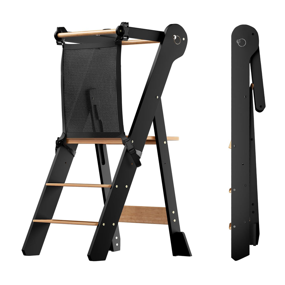 COSYLAND foldable toddler kitchen stool, compact storage for small kitchens.