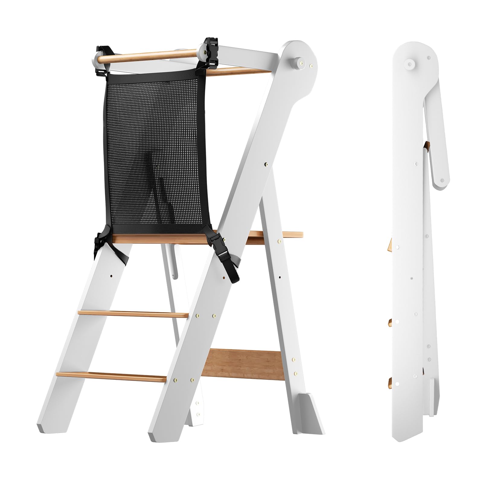 COSYLAND foldable toddler standing tower assembled shows stable safety bar for kids