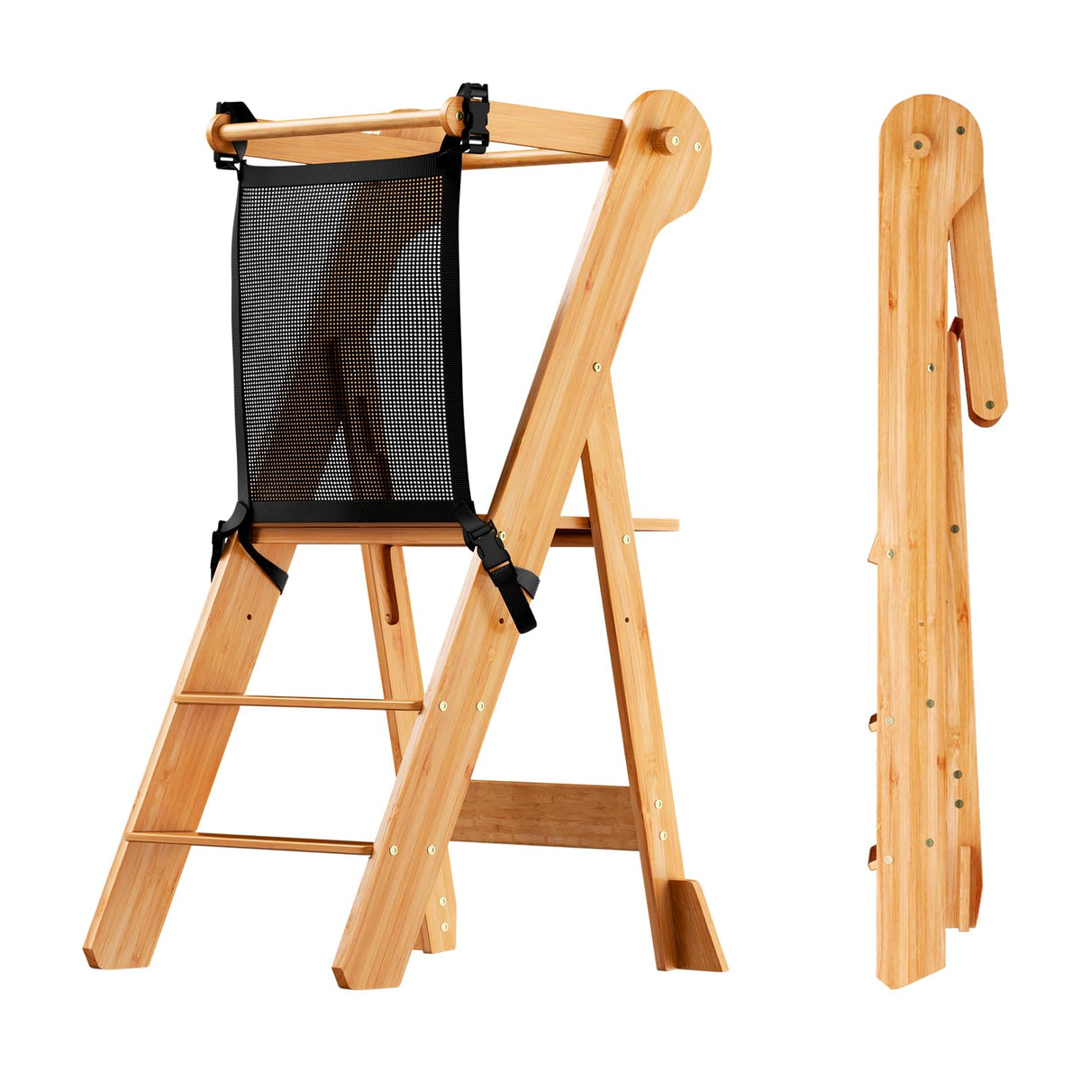 COSYLAND Foldable Toddler Standing Tower assembled demonstrates safe, stable height for curious helpers at the counter.