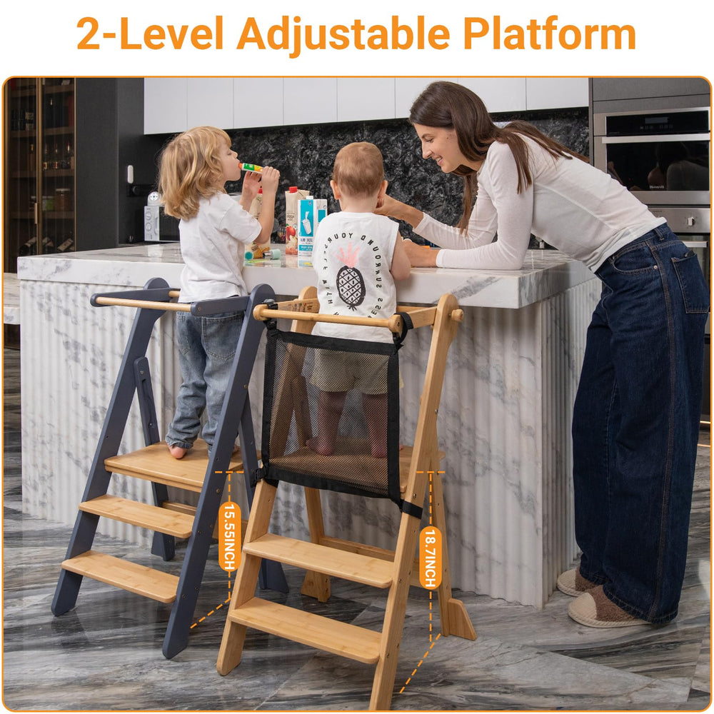 COSYLAND Foldable Toddler Standing Tower folded storage shows compact space-saving design for tidy rooms.