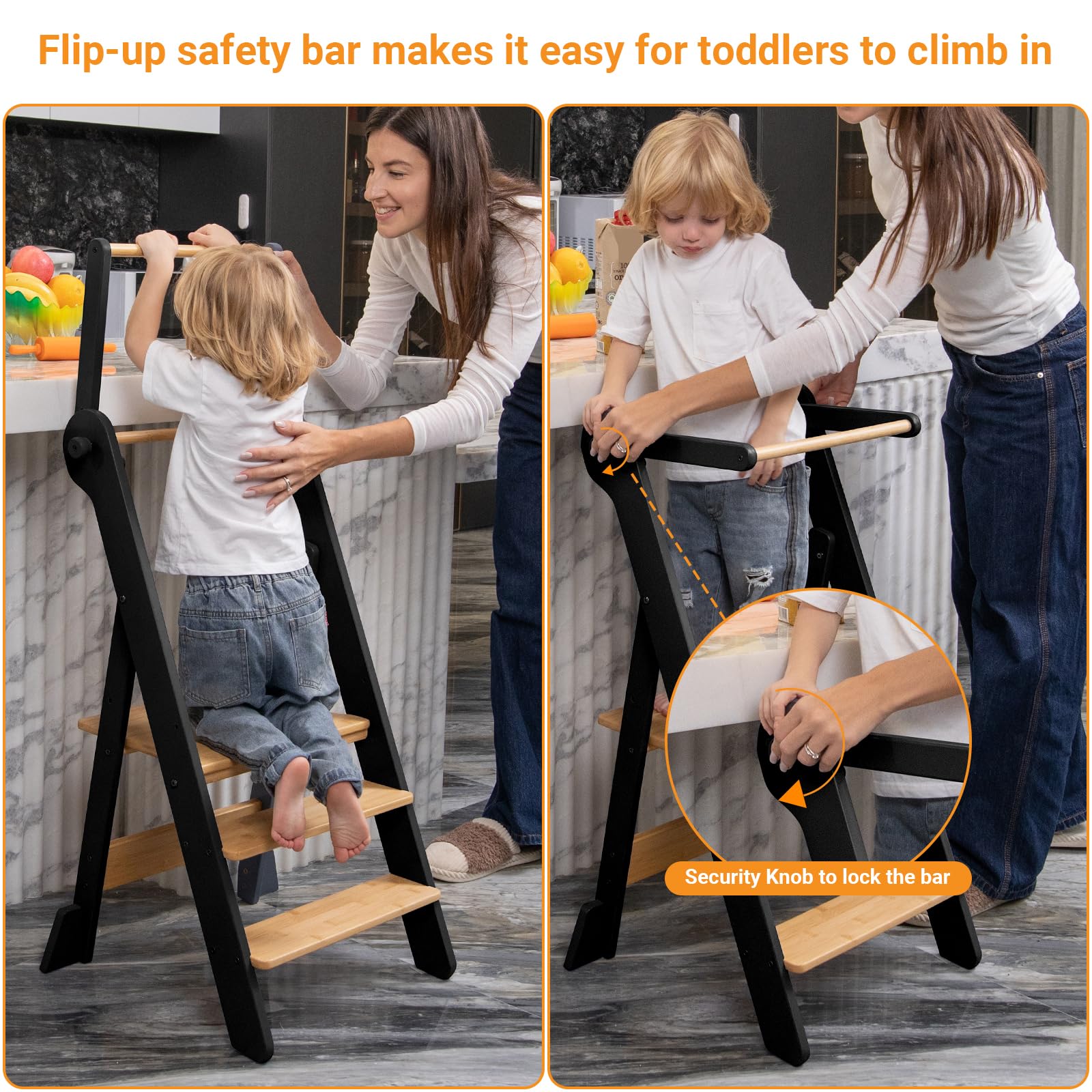 COSYLAND foldable toddler standing tower in use kitchen shows children joining family cooking safely