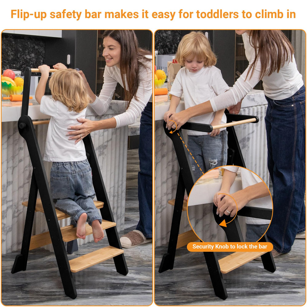 COSYLAND foldable toddler standing tower in use kitchen shows children joining family cooking safely