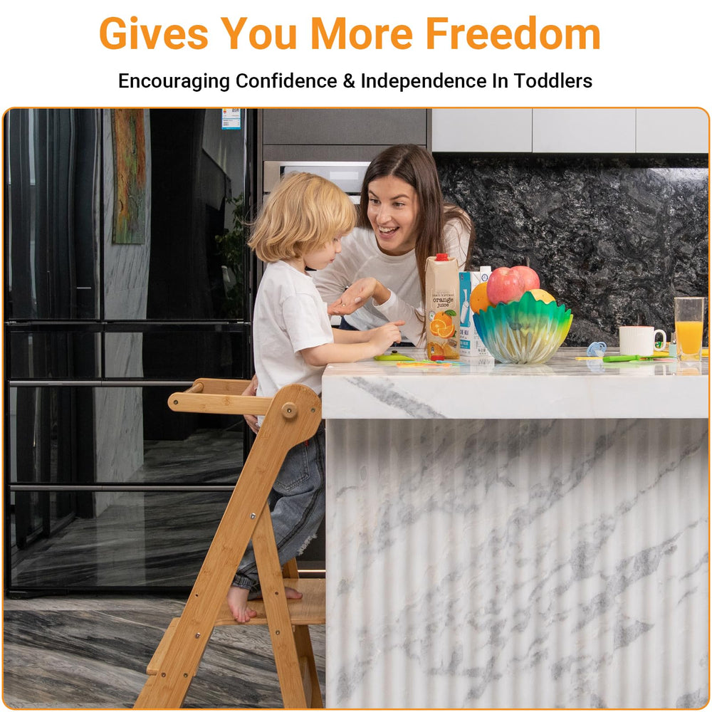 COSYLAND Foldable Toddler Standing Tower kid-at-counter demonstrates practical learning height for cooking.