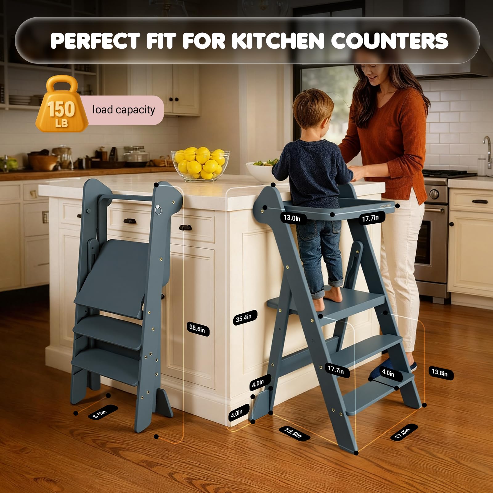 COSYLAND Foldi slate-blue easy-clean surface supports quick cleanup after meals