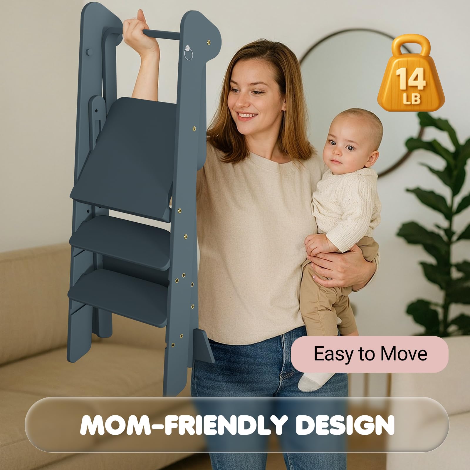 COSYLAND Foldi slate-blue kid-at-counter usage promotes independence and easy helper tasks