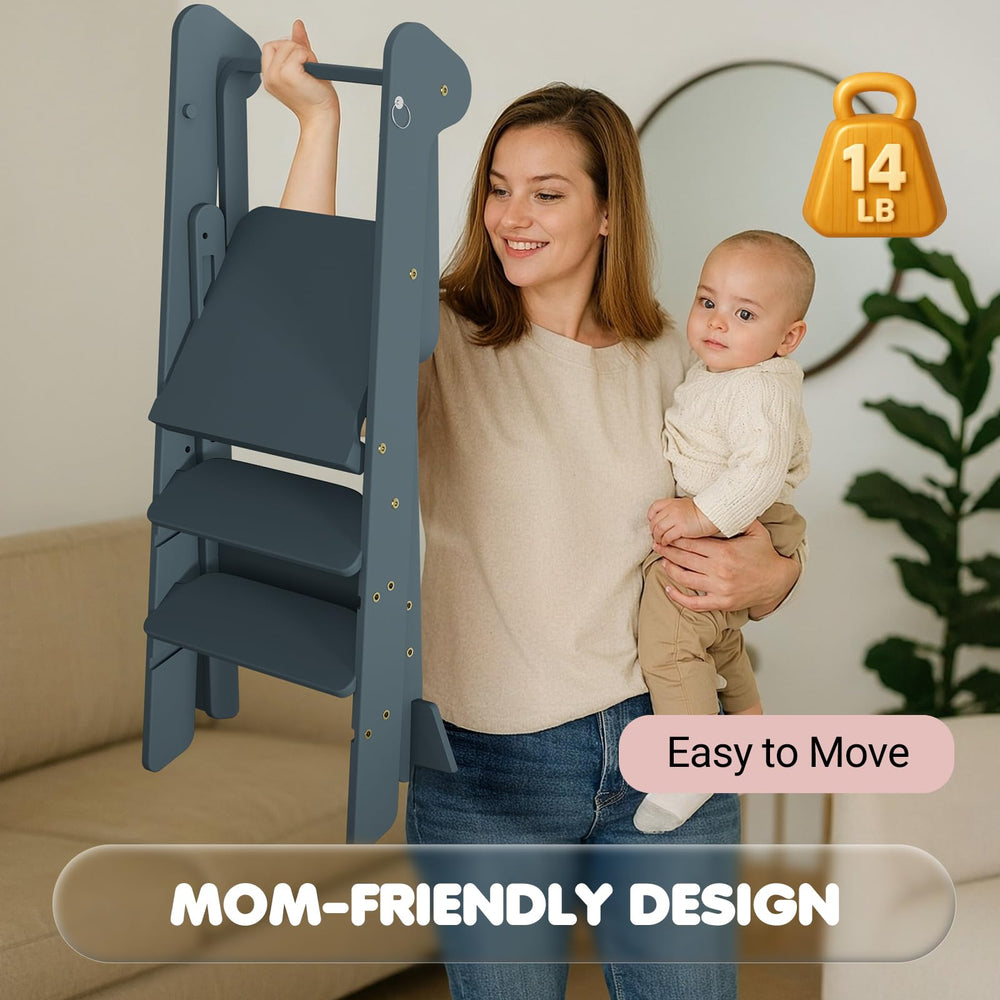 COSYLAND Foldi slate-blue kid-at-counter usage promotes independence and easy helper tasks