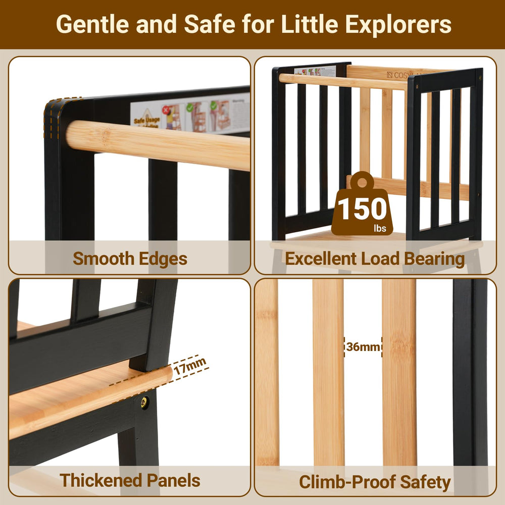 COSYLAND kids kitchen step stool in black finish supports independent tasks at home.