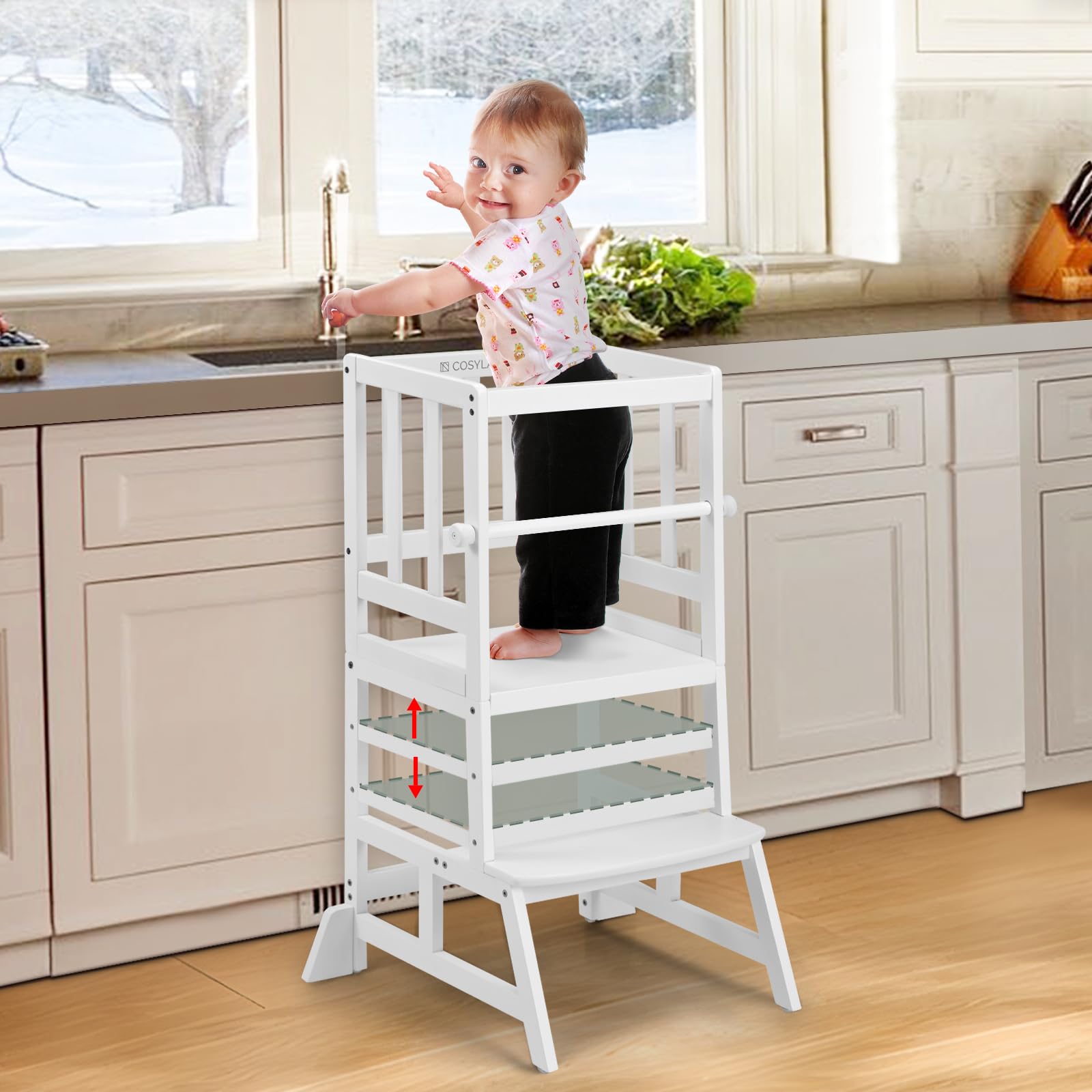 COSYLAND Kids Kitchen Step Stool front view highlights compact design for toddler independence at counters
