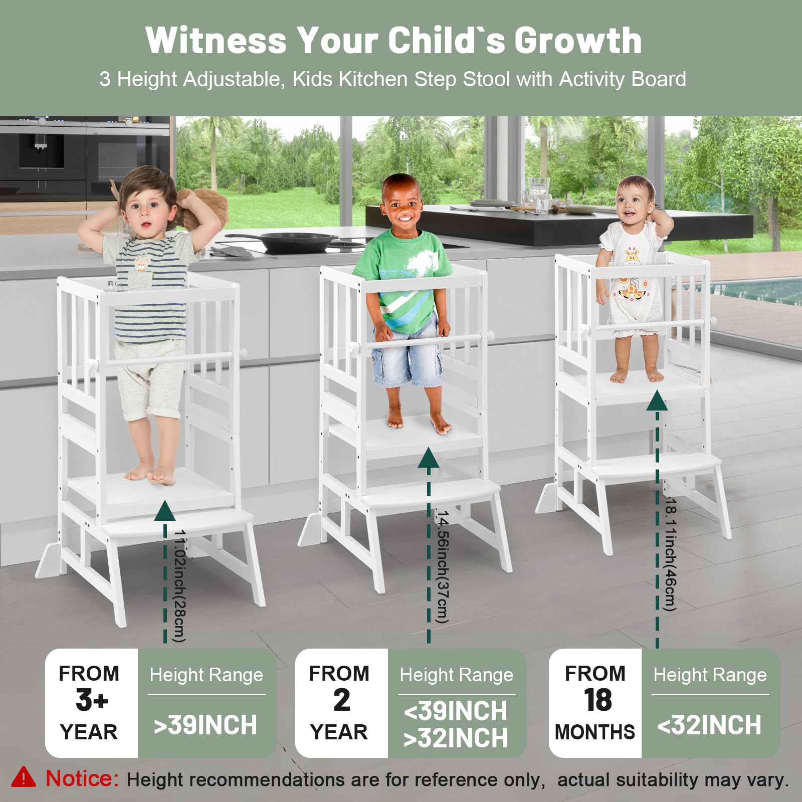 COSYLAND Kids Kitchen Step Stool height-adjustment positions enable growing with your child