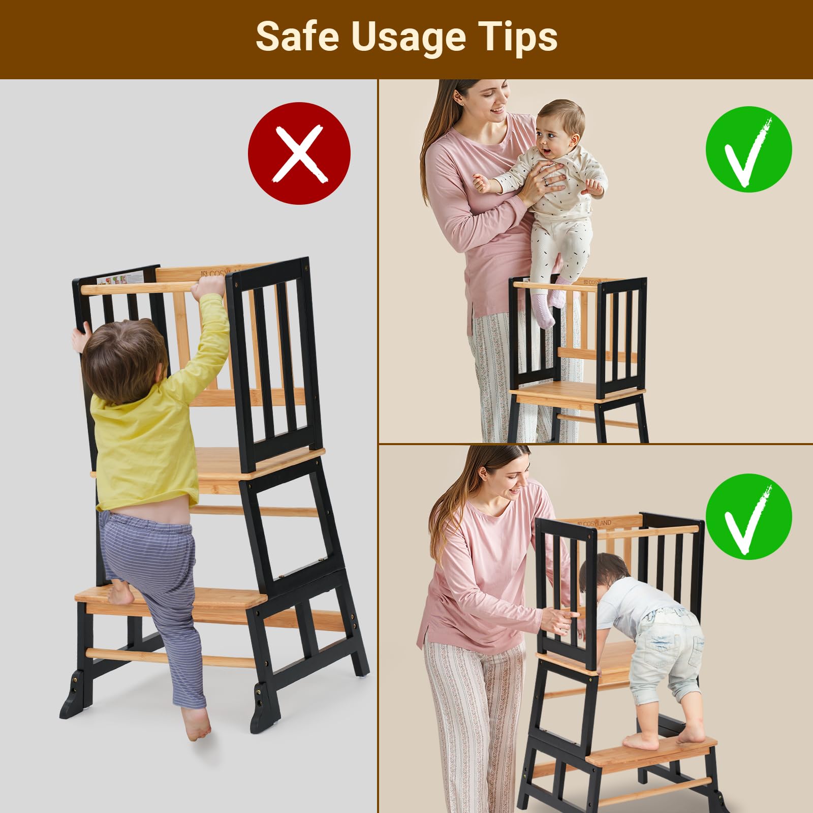COSYLAND kids kitchen step stool natural wood for sturdy everyday use.