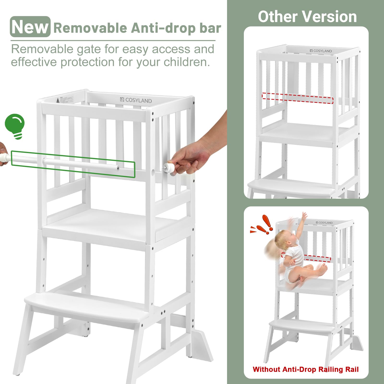 COSYLAND Kids Kitchen Step Stool removable safety rail provides added security during meals