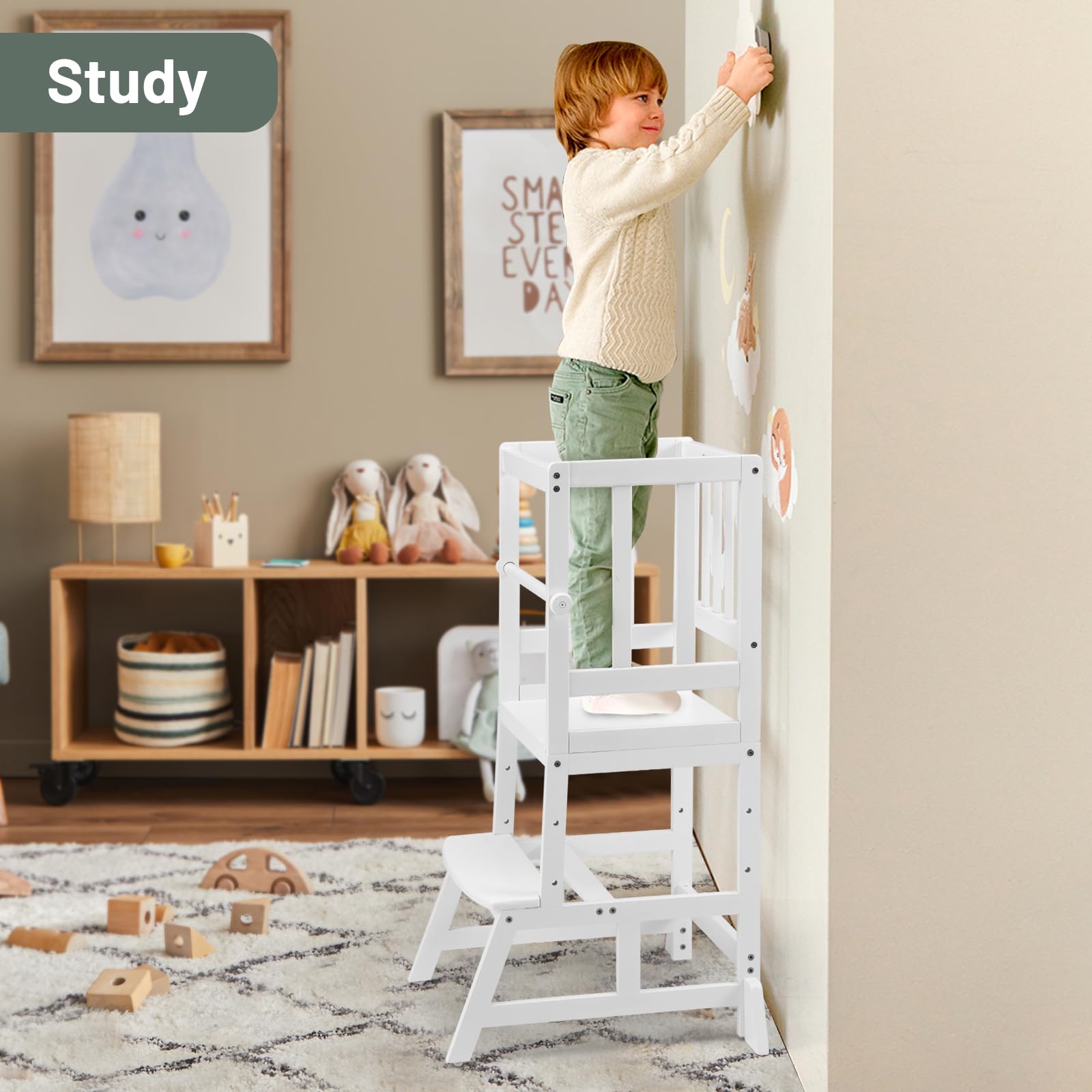 COSYLAND Kids Kitchen Step Stool white finish closeup emphasizes clean, safe design