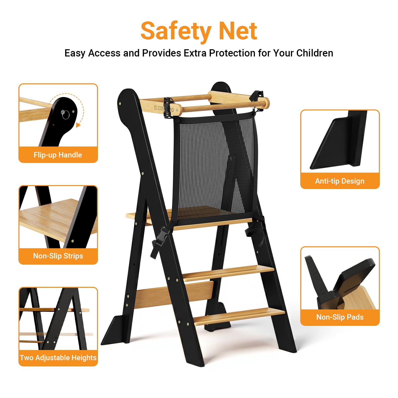 COSYLAND kitchen stool with safety net, helps kids reach sinks safely.