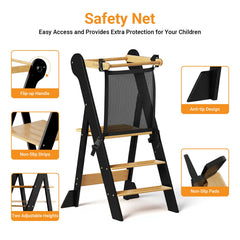 COSYLAND kitchen stool with safety net, helps kids reach sinks safely.