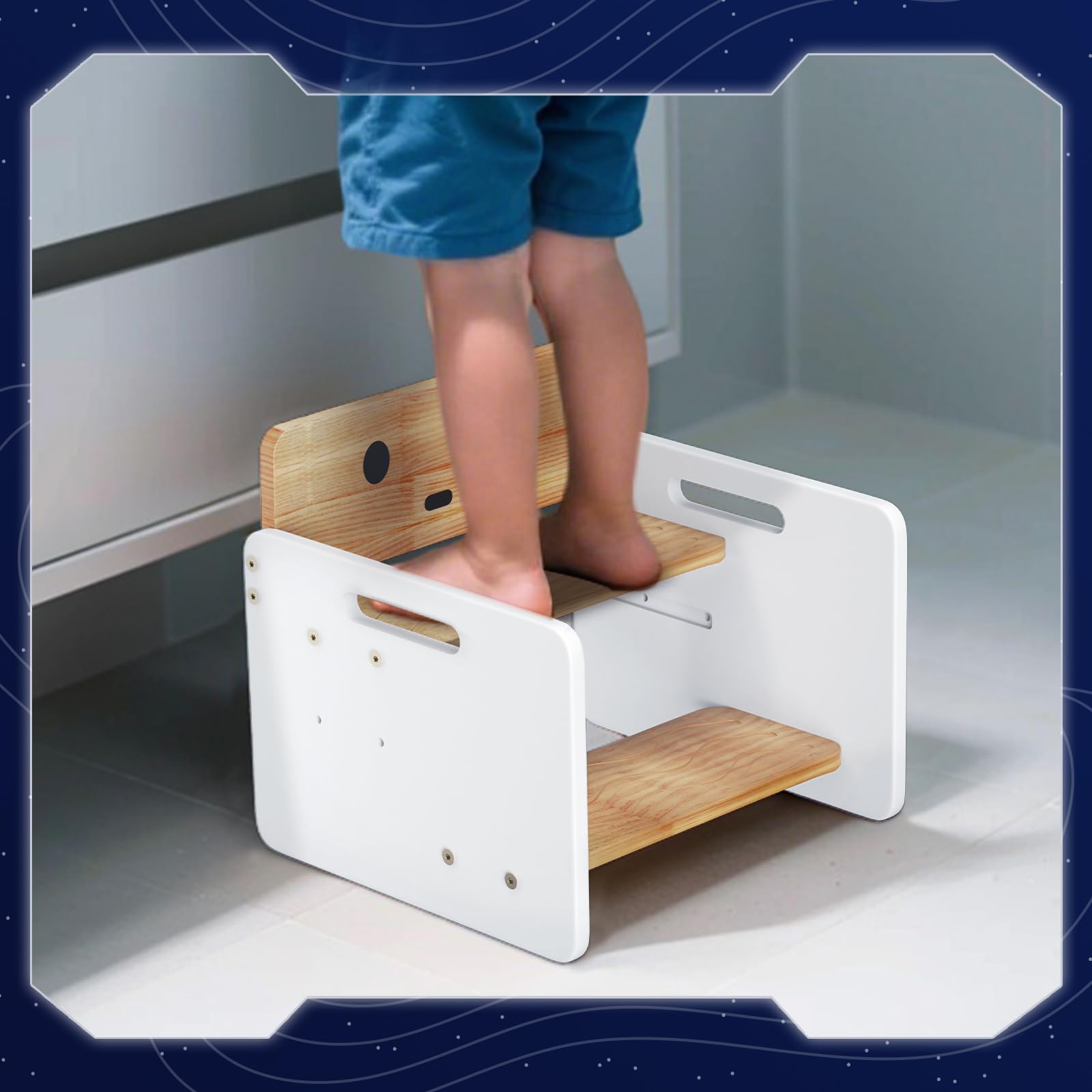 COSYLAND robot-stool side view shows sturdy wood for growing toddlers