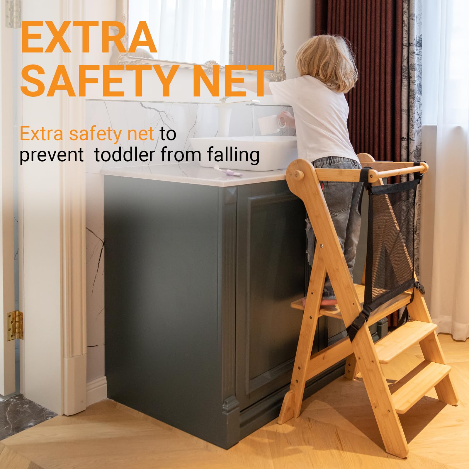 COSYLAND Safety net tower bottom storage highlights extra security and handy toy storage.