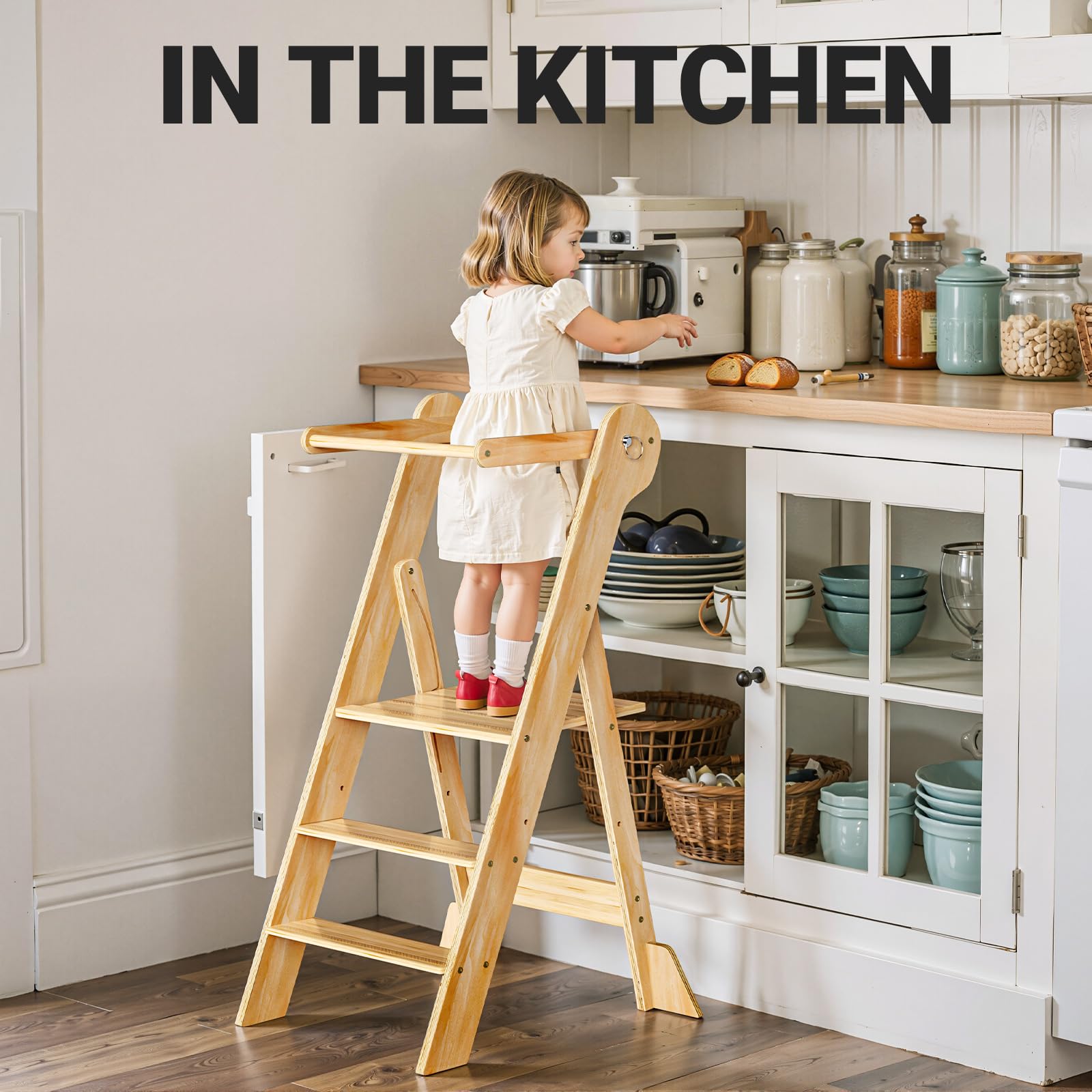 COSYLAND stool in-use at the sink for independent tasks.