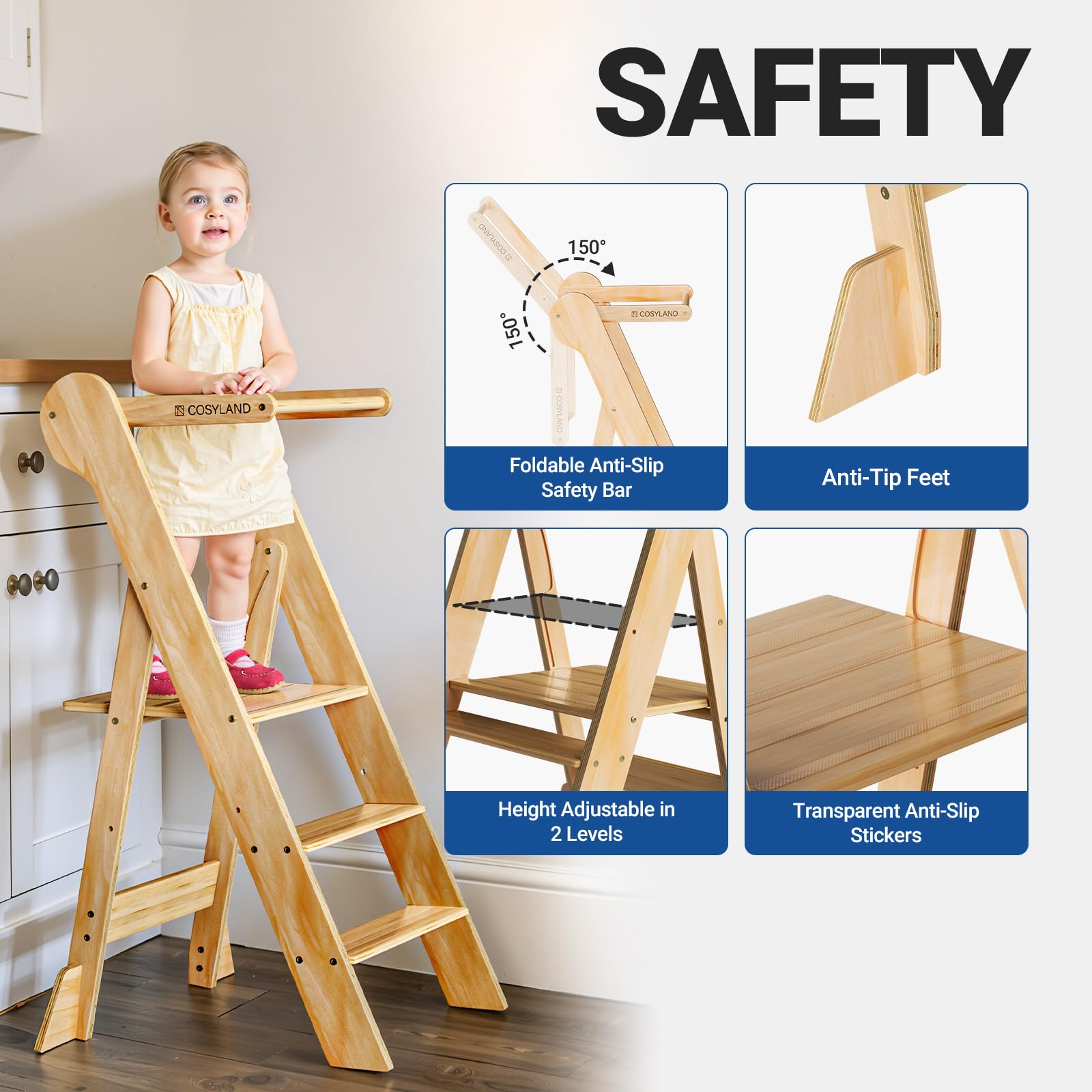 COSYLAND stool safety-net keeps child secure when elevated.