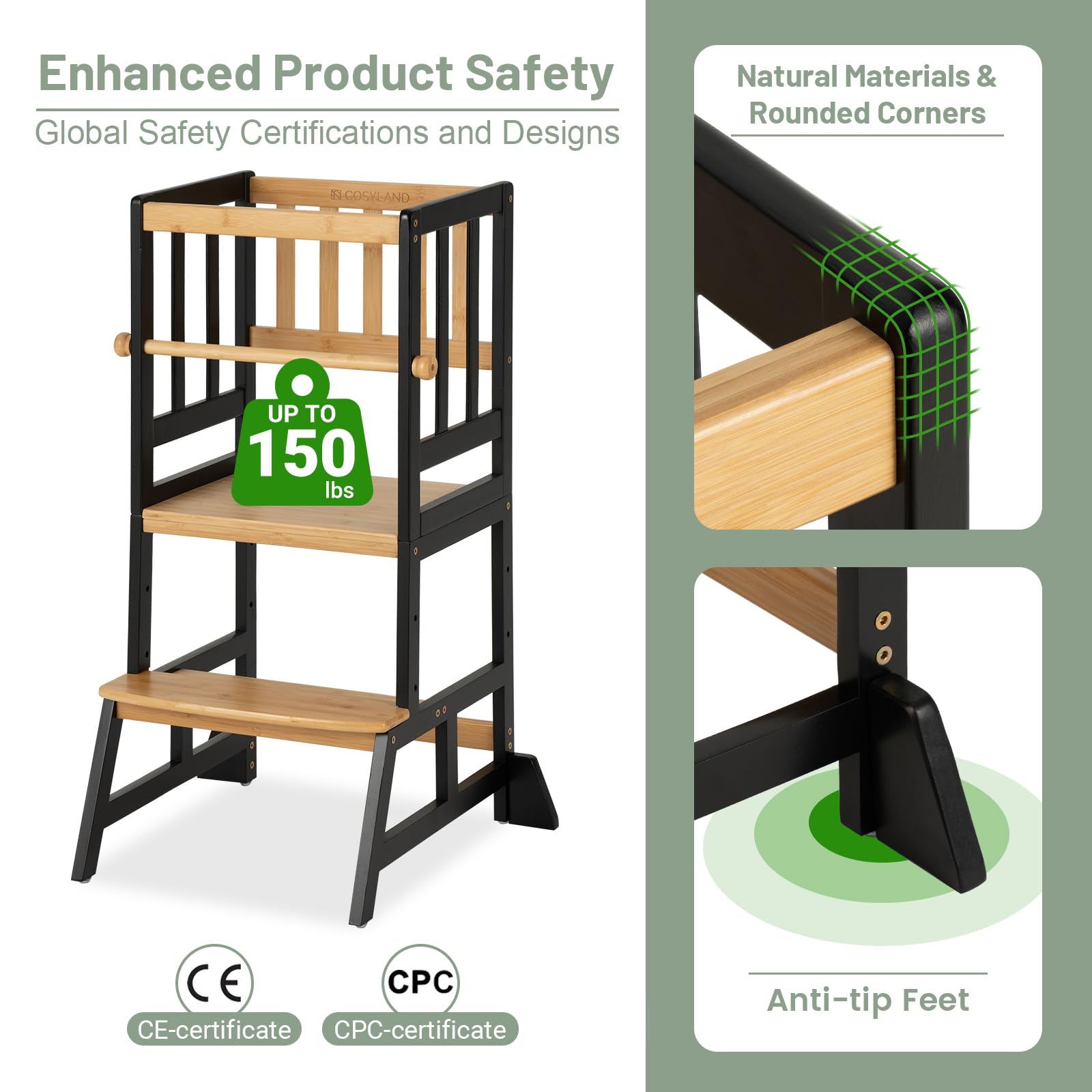 COSYLAND toddler standing tower at 35-inch height facilitates kitchen reach.