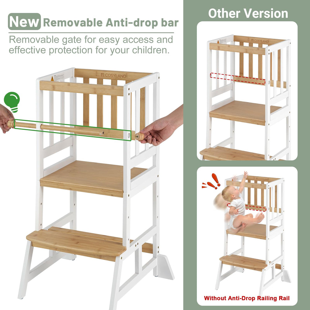 COSYLAND Toddler Standing Tower adjustable-height levels show customizable reach for growing kids
