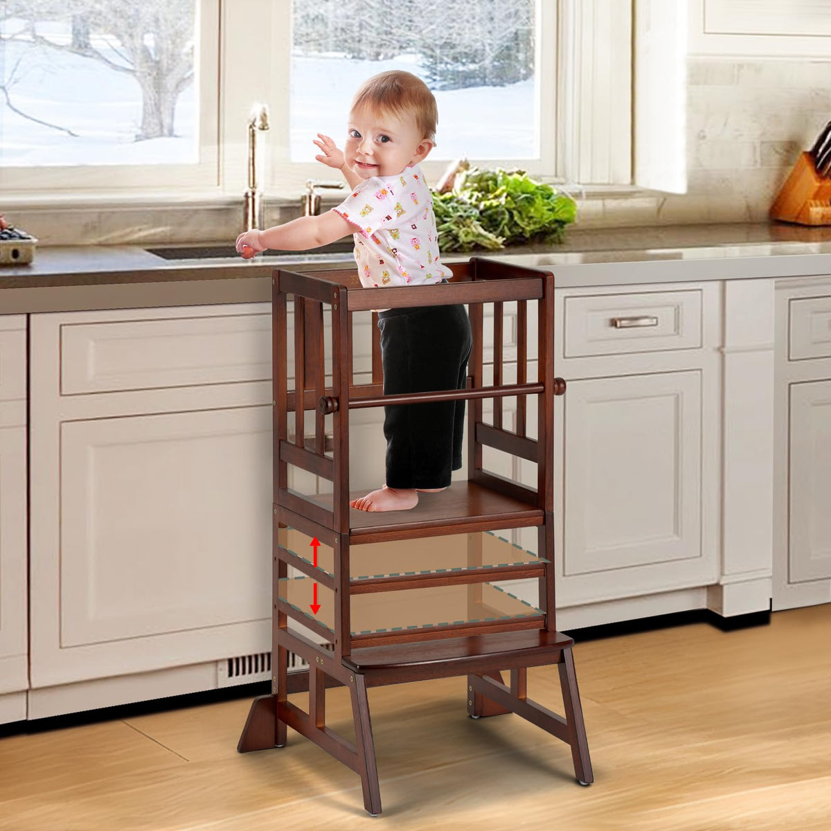 COSYLAND Toddler Standing Tower adjustable height for growing kids during kitchen tasks.