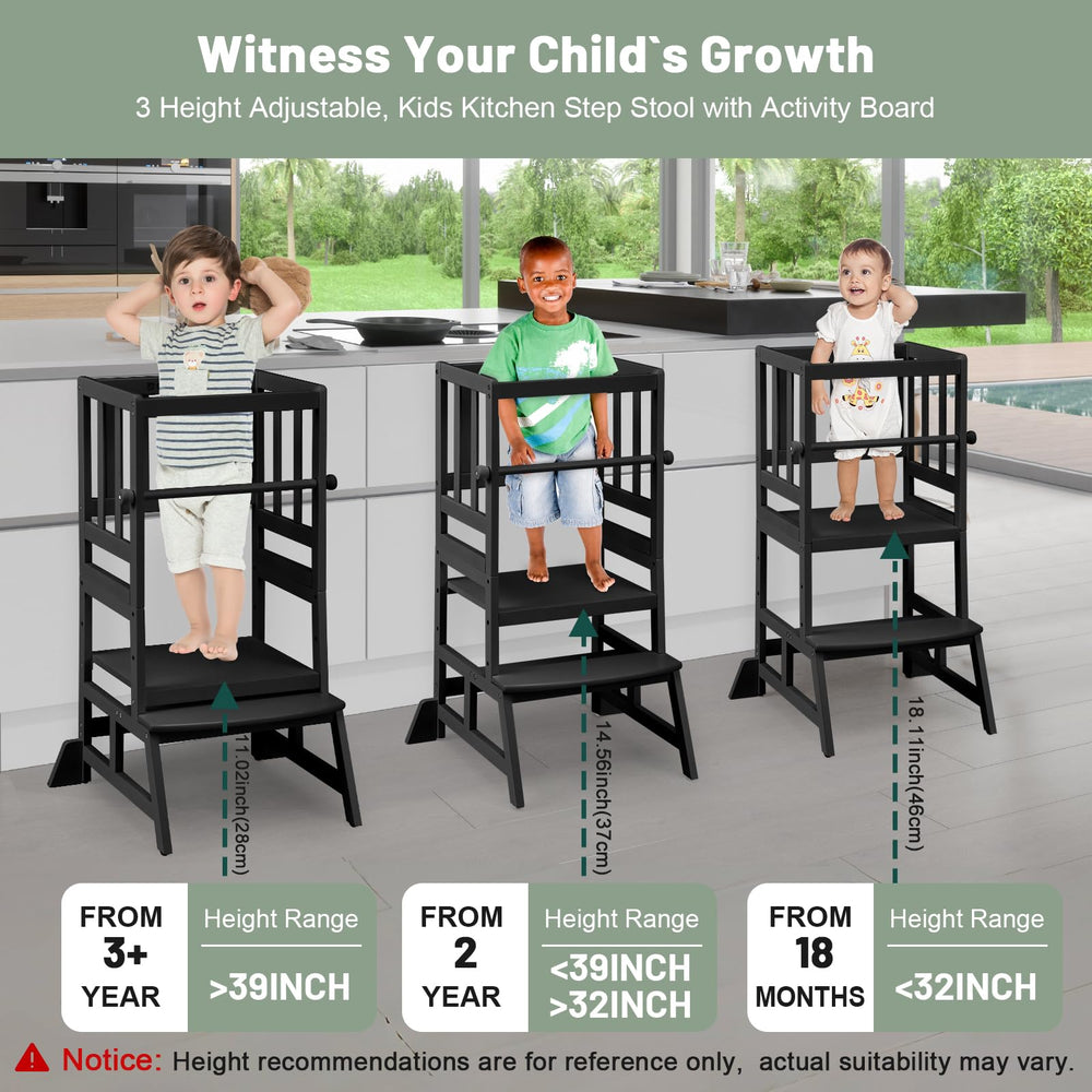 COSYLAND tower shows adjustable platform for growing kids in kitchen