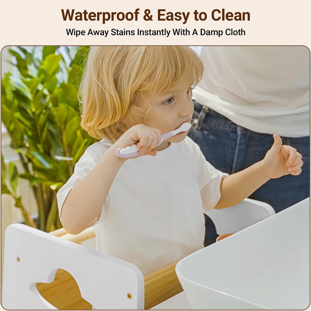 COSYLAND toddler standing tower anti-drop board provides secure containment during meals.