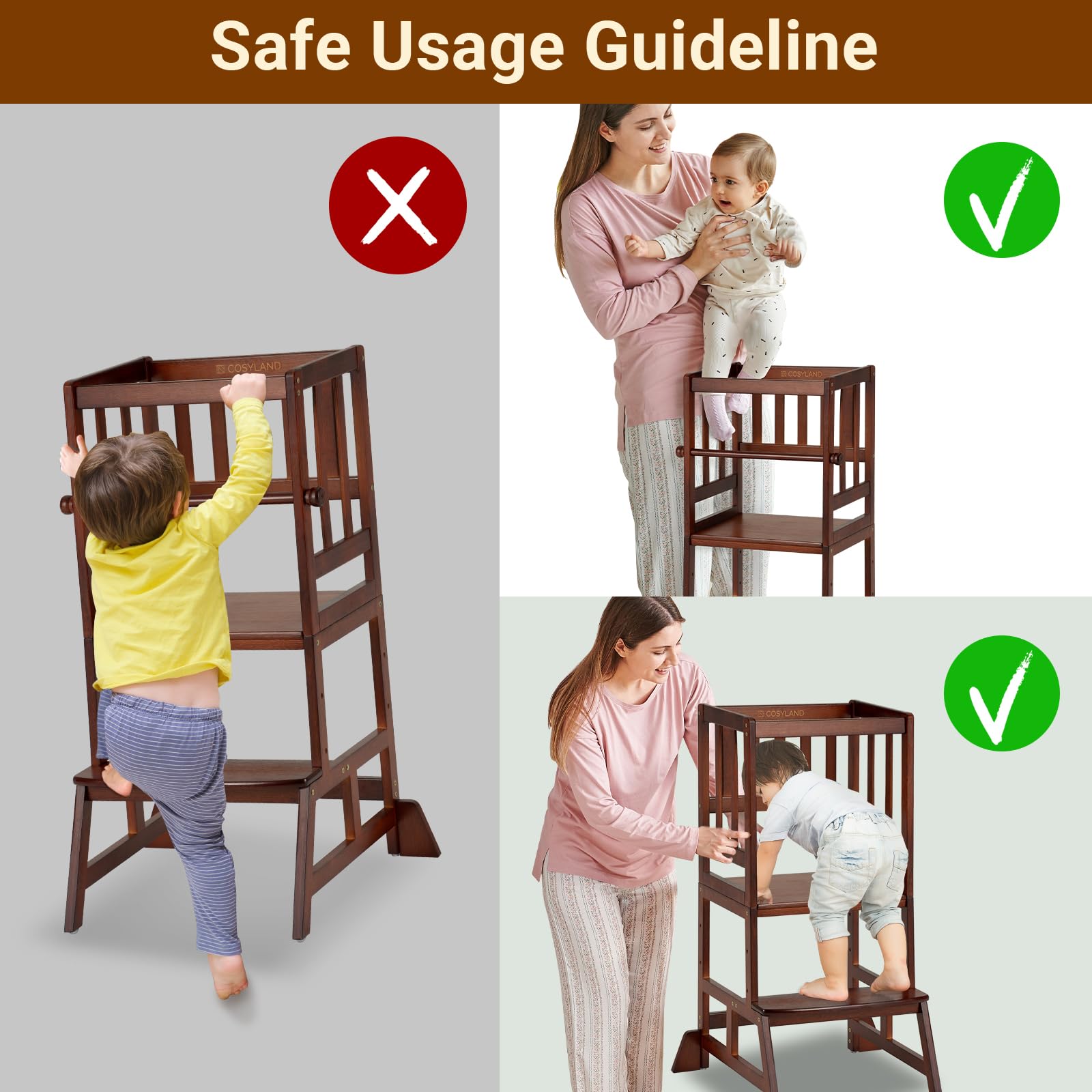 COSYLAND Toddler Standing Tower shows easy-installation with numbered parts and included tools.