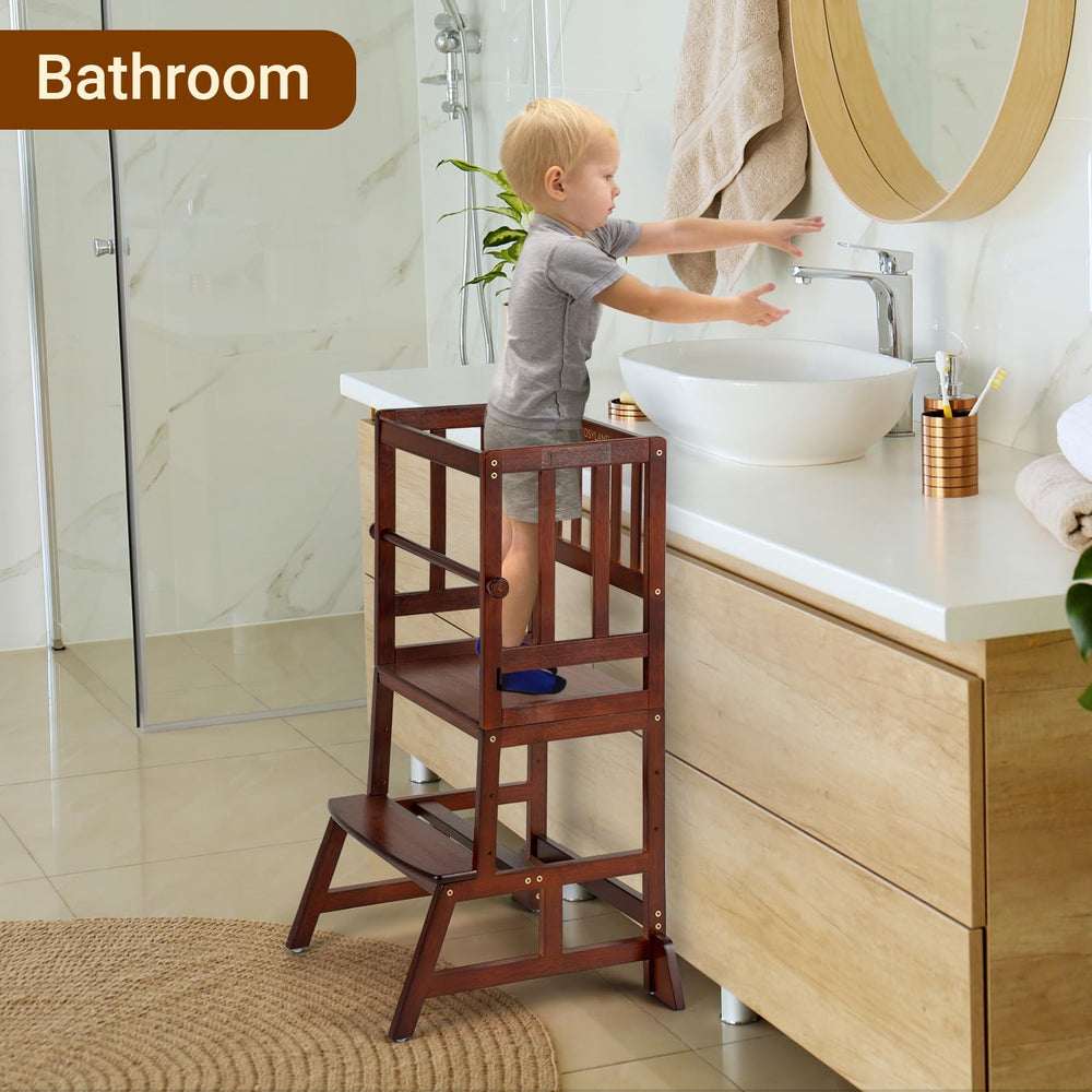 COSYLAND Toddler Standing Tower used on kitchen counter for learning and self-sufficiency.