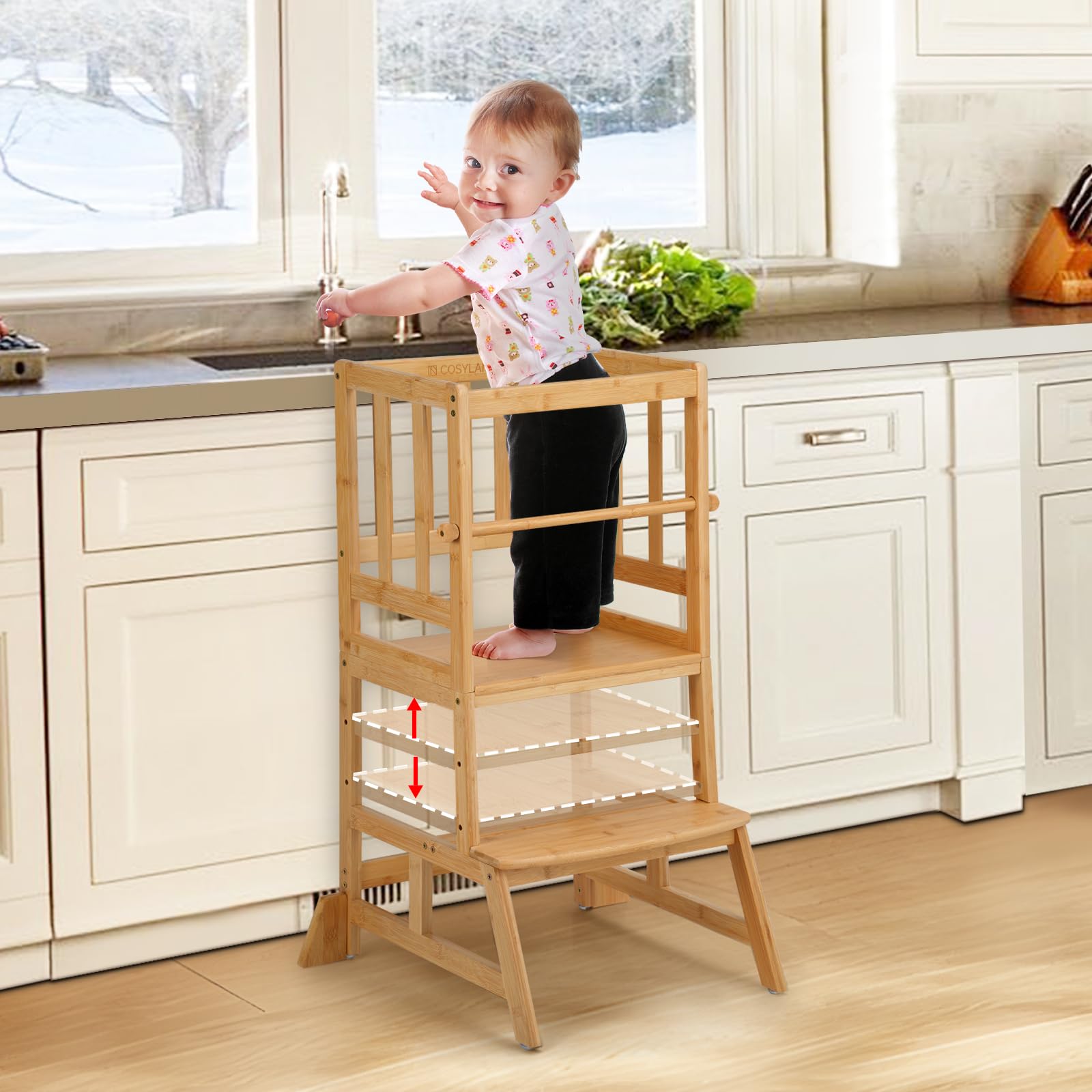 COSYLAND toddler standing tower assembly view highlighting natural bamboo for safe use