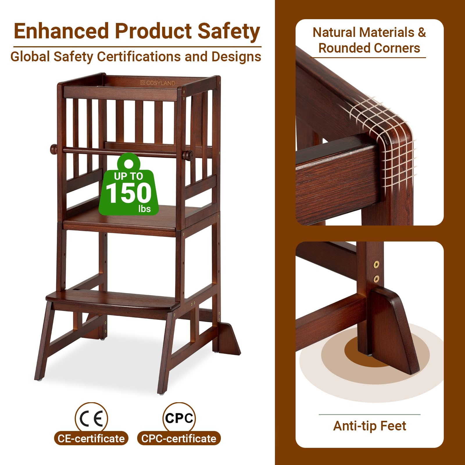 COSYLAND Toddler Standing Tower crafted in natural bamboo with a warm, kid-safe finish.