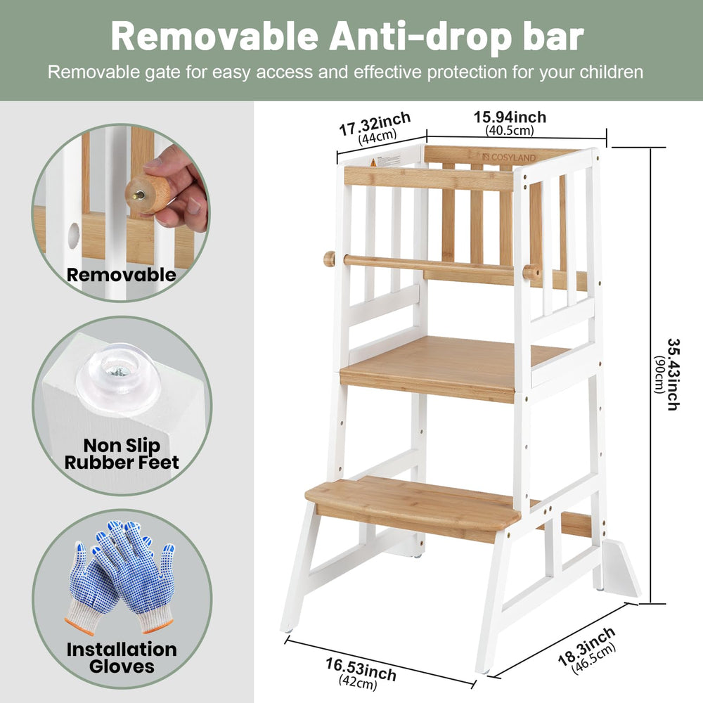 COSYLAND Toddler Standing Tower natural bamboo frame emphasizes durable, kid-friendly materials