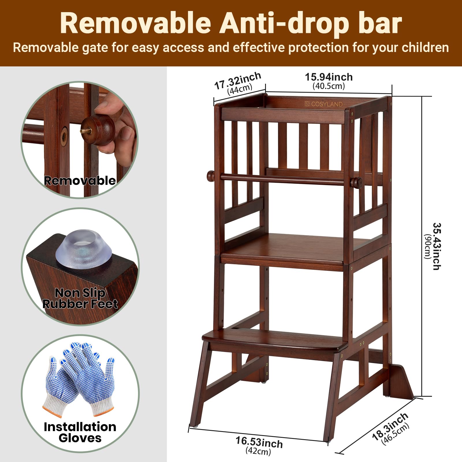 COSYLAND Toddler Standing Tower features patented anti-drop design for stability.