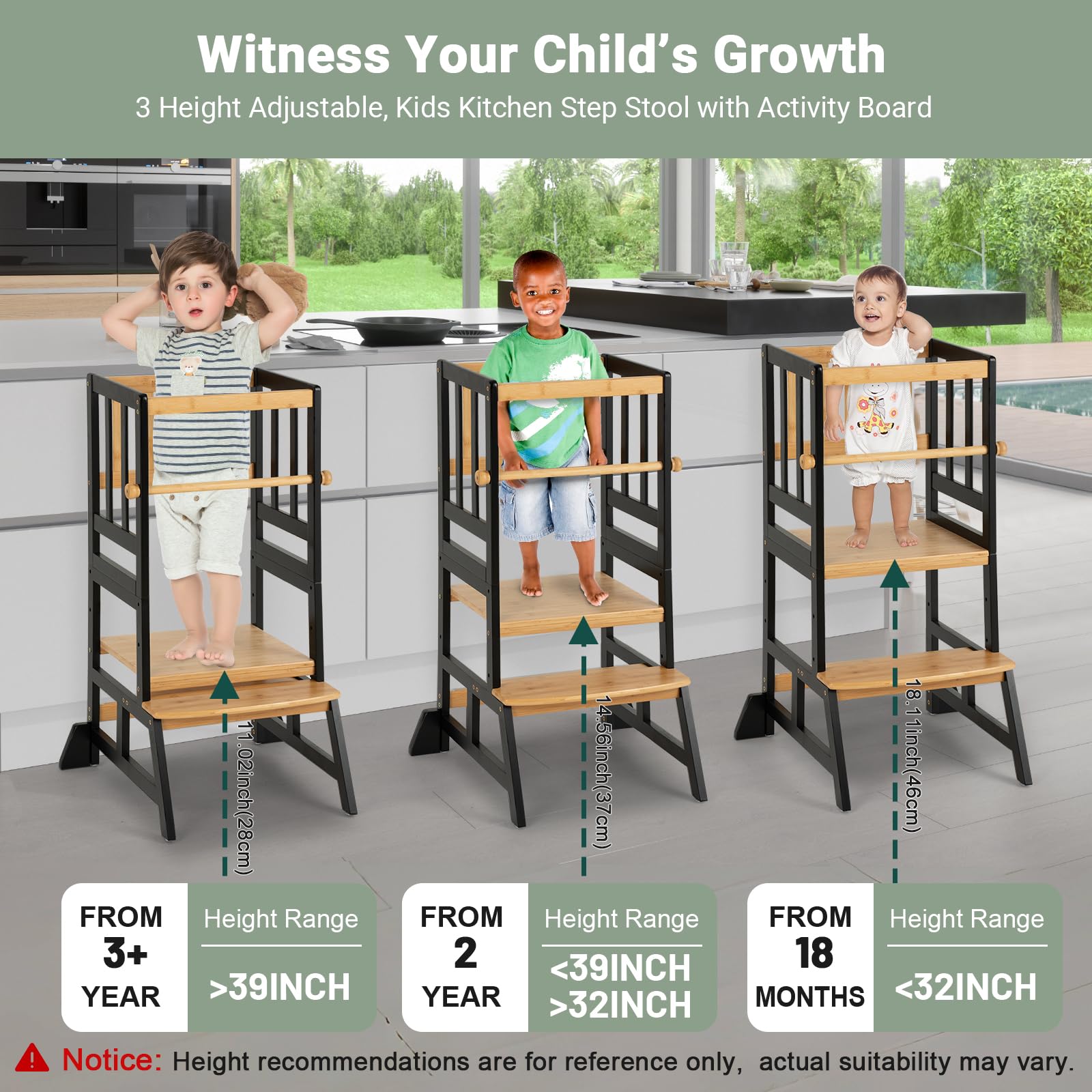 COSYLAND toddler standing tower with removable railing demonstrates added safety.