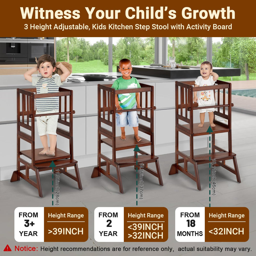 COSYLAND Toddler Standing Tower with removable safety rail enhances secure self-feeding at the counter.