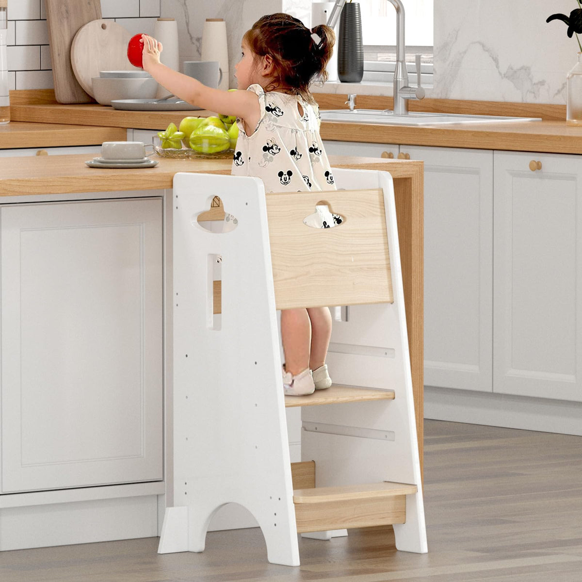 COSYLAND toddler standing tower side view shows sturdy build for safe kitchen participation.