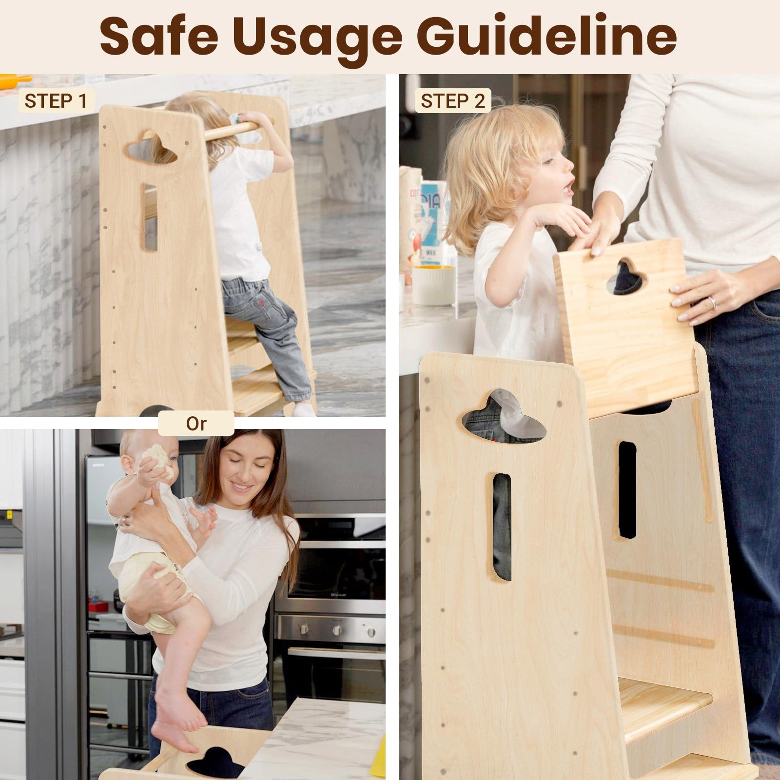 COSYLAND toddler standing tower wood finish close-up