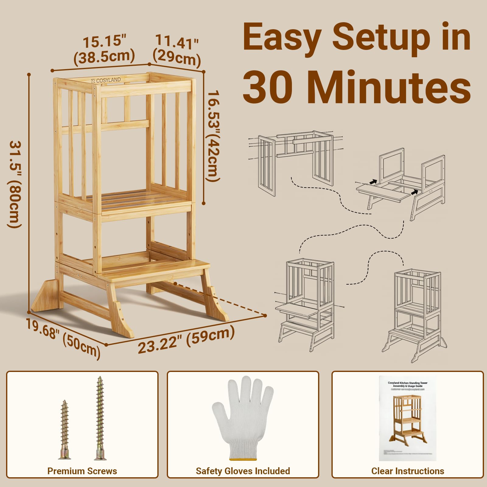 COSYLAND step stool in bathroom use, helping with sink access and supervision.