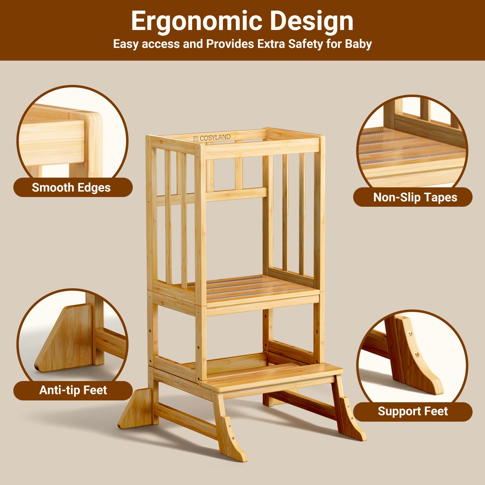 COSYLAND natural bamboo stool with a durable, kid-friendly finish.