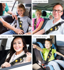 CoTa Global DolliBu penguin seatbelt cover on car seat demonstrates easy attach and detach.