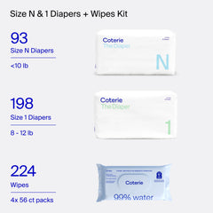 Coterie newborn diapers 93-count highlight comfy, snug protection.