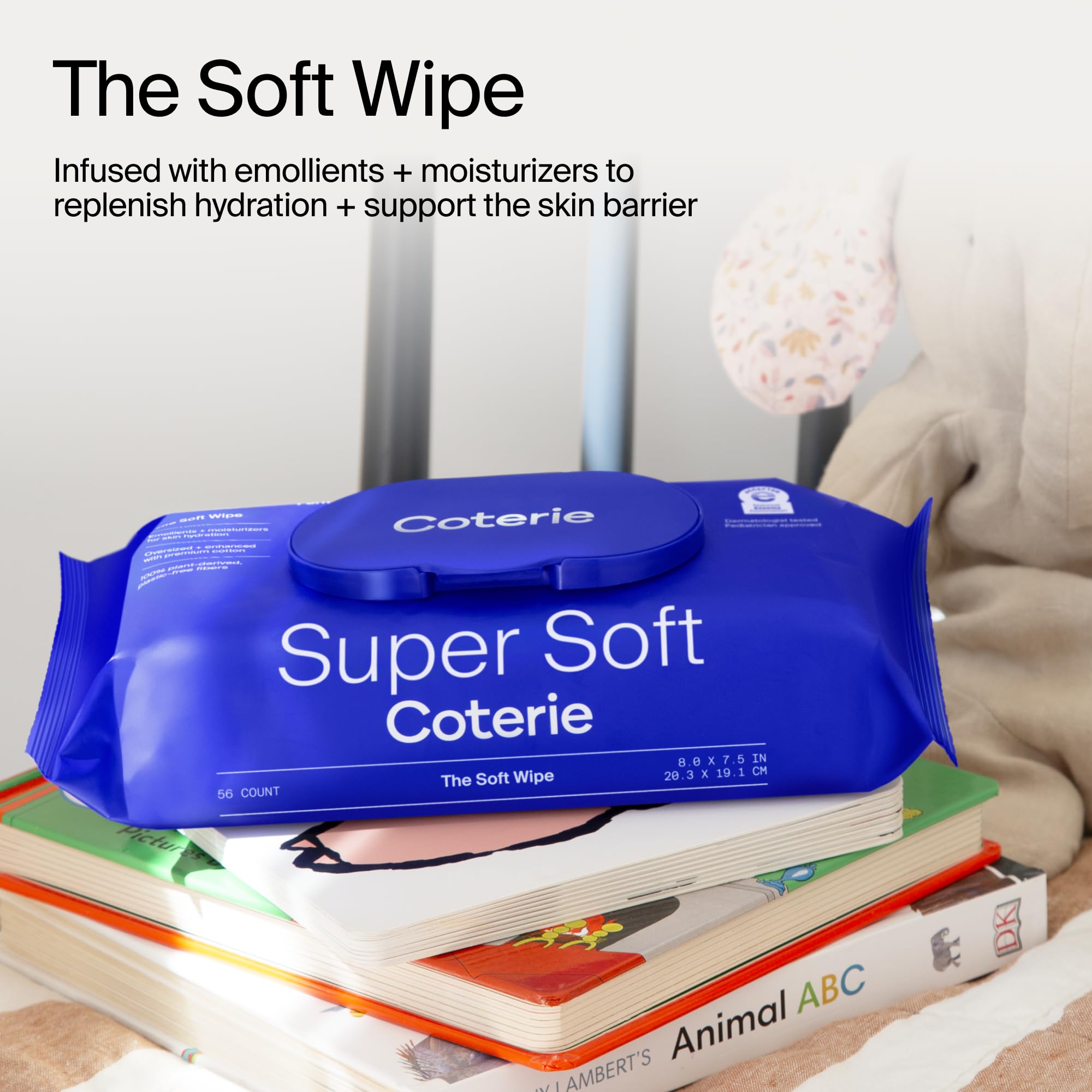 Coterie Baby Soft Wipe on baby skin demonstrates gentle cleansing and hydration.