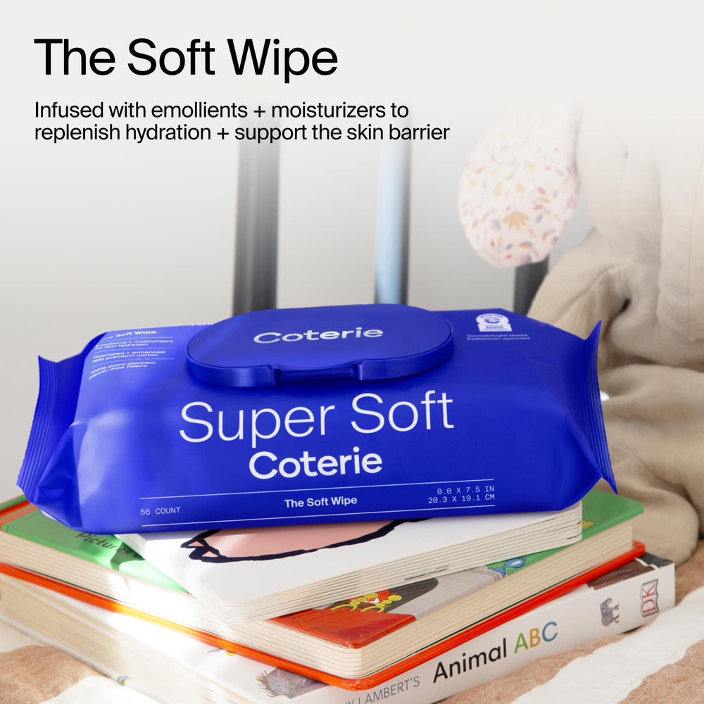 Coterie Baby Soft Wipe on baby skin demonstrates gentle cleansing and hydration.