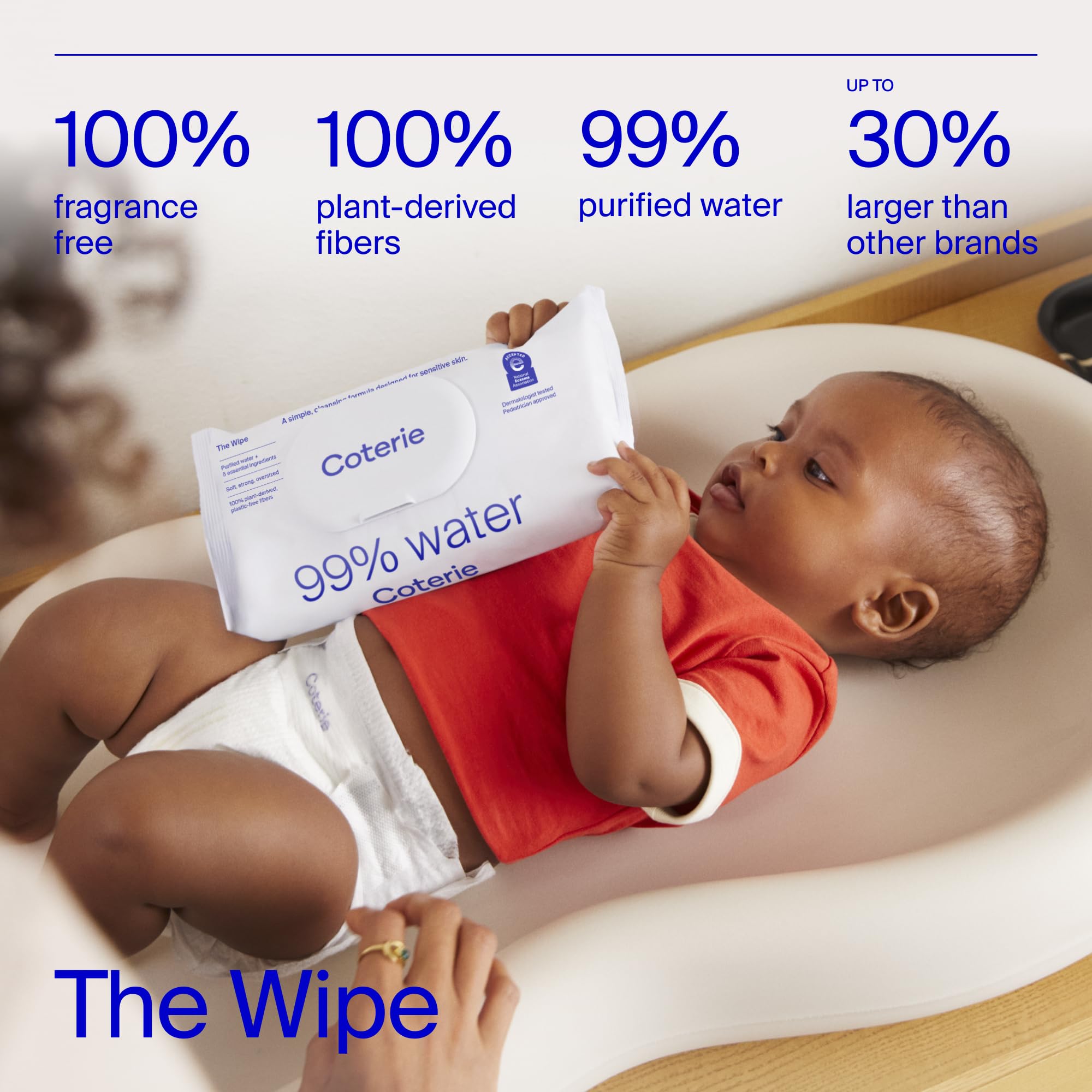 Coterie Baby Wipes 99% purified water, soft and soothing for sensitive skin.