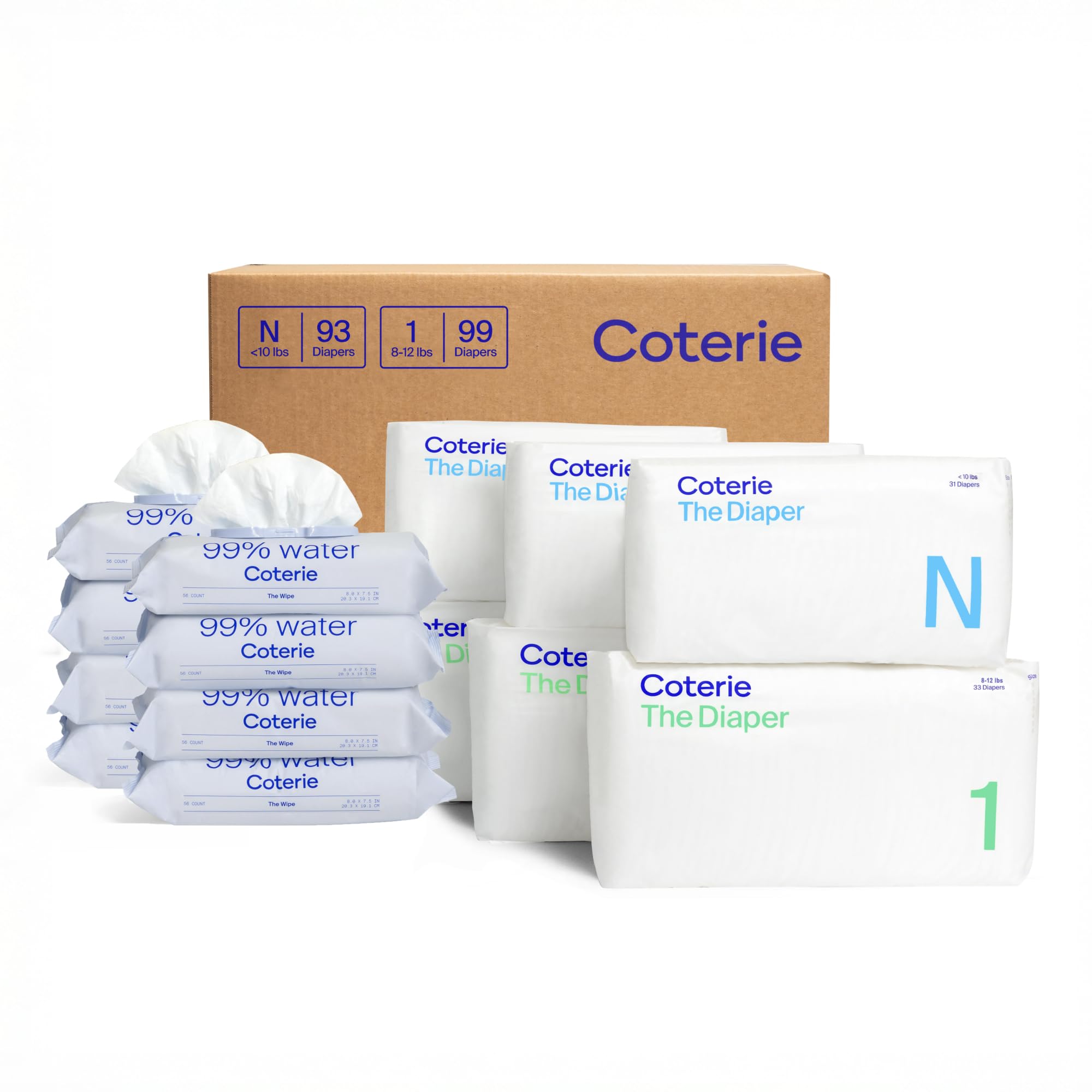 Coterie wipes and diapers kit packaging image showing newborn and size 1 diapers (skin-friendly).