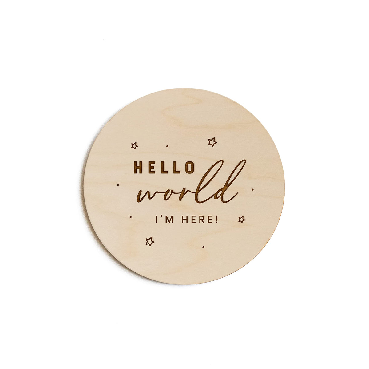 The Cotton & Canvas Co newborn disc prop for Hello World stars—perfect for newborn photoshoots.