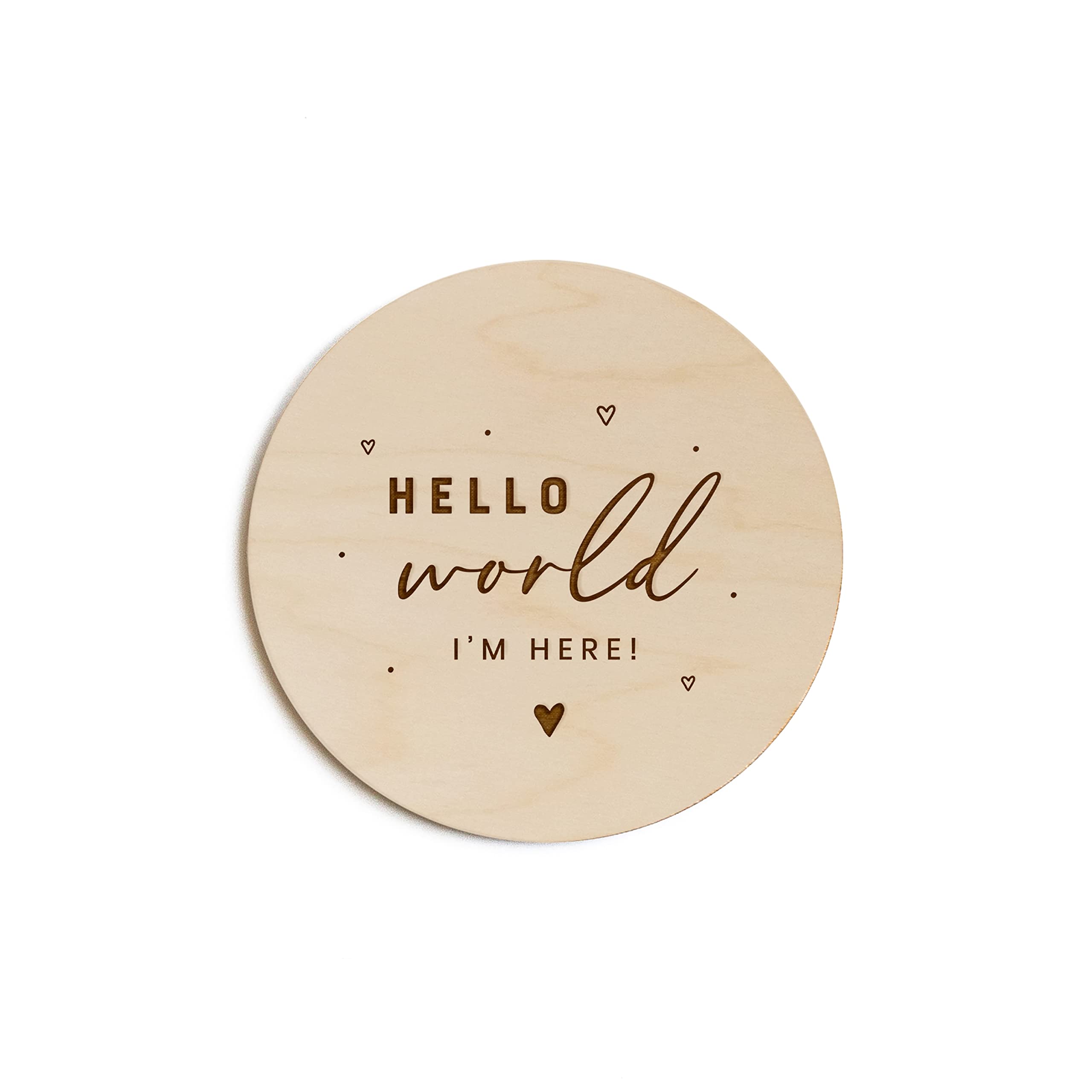 The Cotton and Canvas Co. Hello World disc full shot — timeless newborn keepsake for photos.