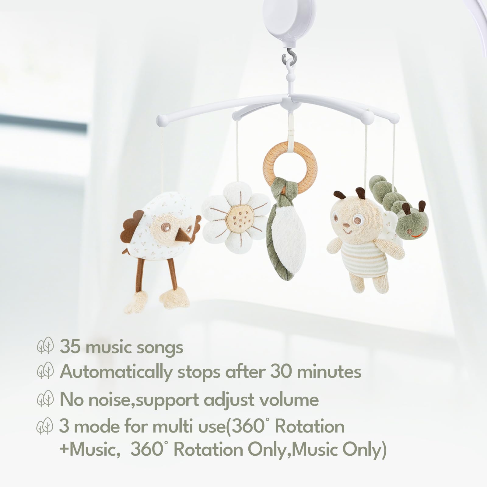 COTTONBEBE crib mobile slow rotation engages baby's attention during awake time.