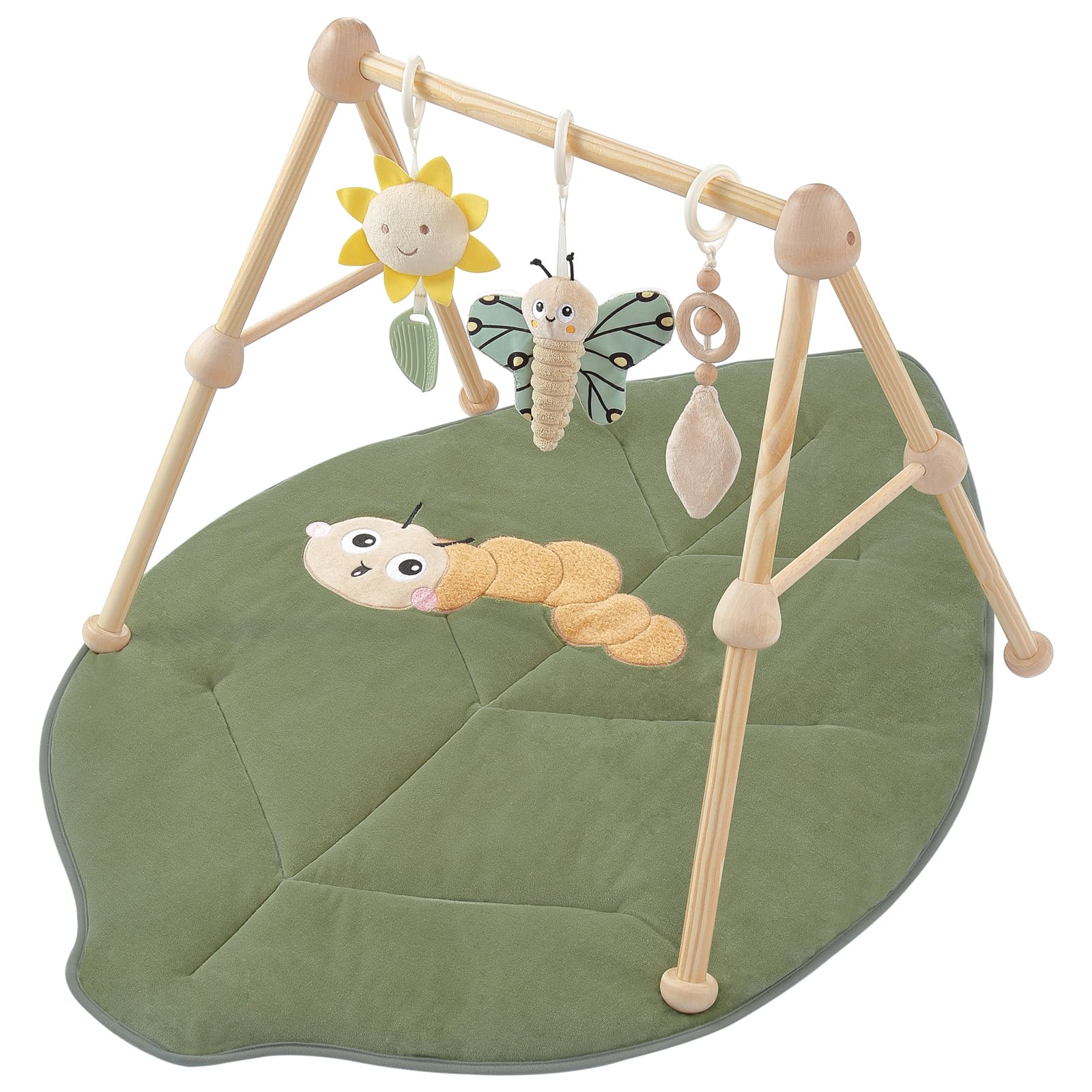 COTTONBEBE leaf play gym wooden frame for safe, engaging newborn playtime.