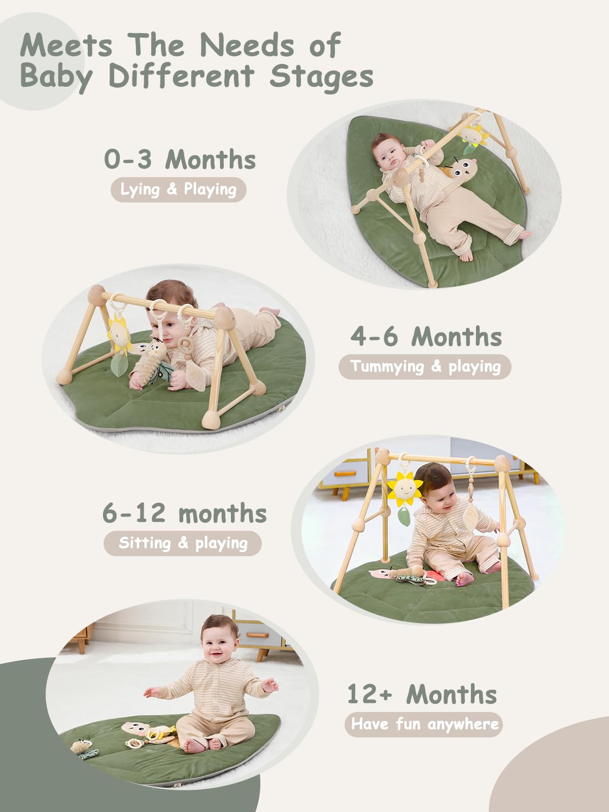 COTTONBEBE leaf wooden legs assembly enables quick 4-in-1 setup.